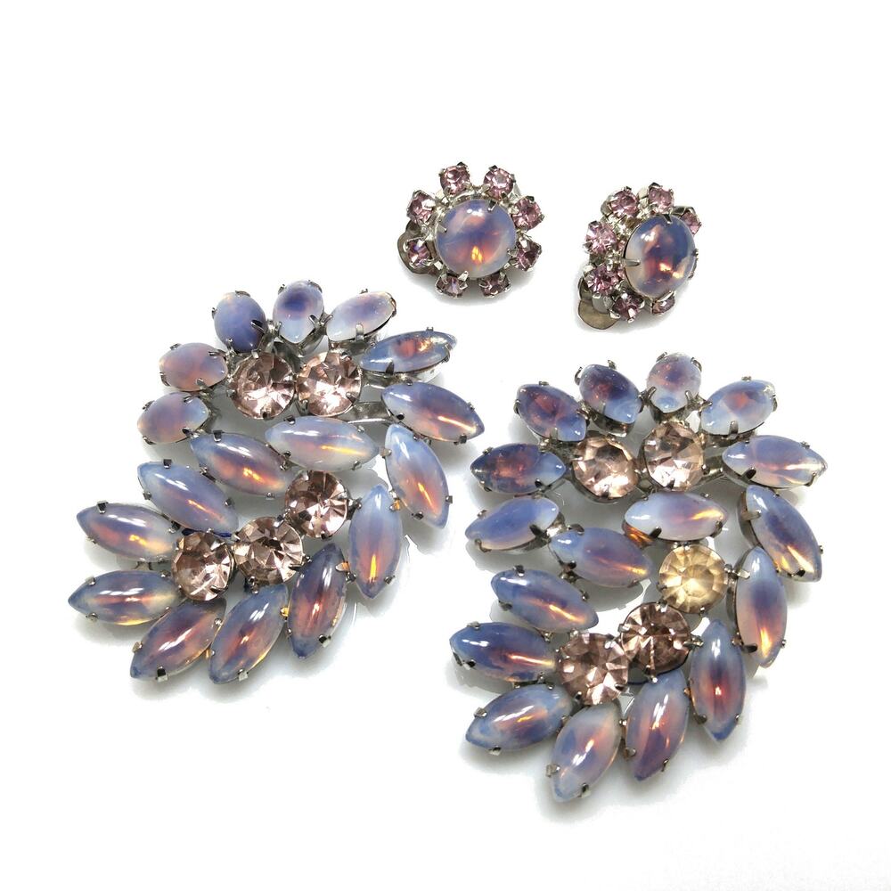 Twin Faux Opal Rhinestone Brooches & Earrings, Rhodium Plated, 1960s Vintage